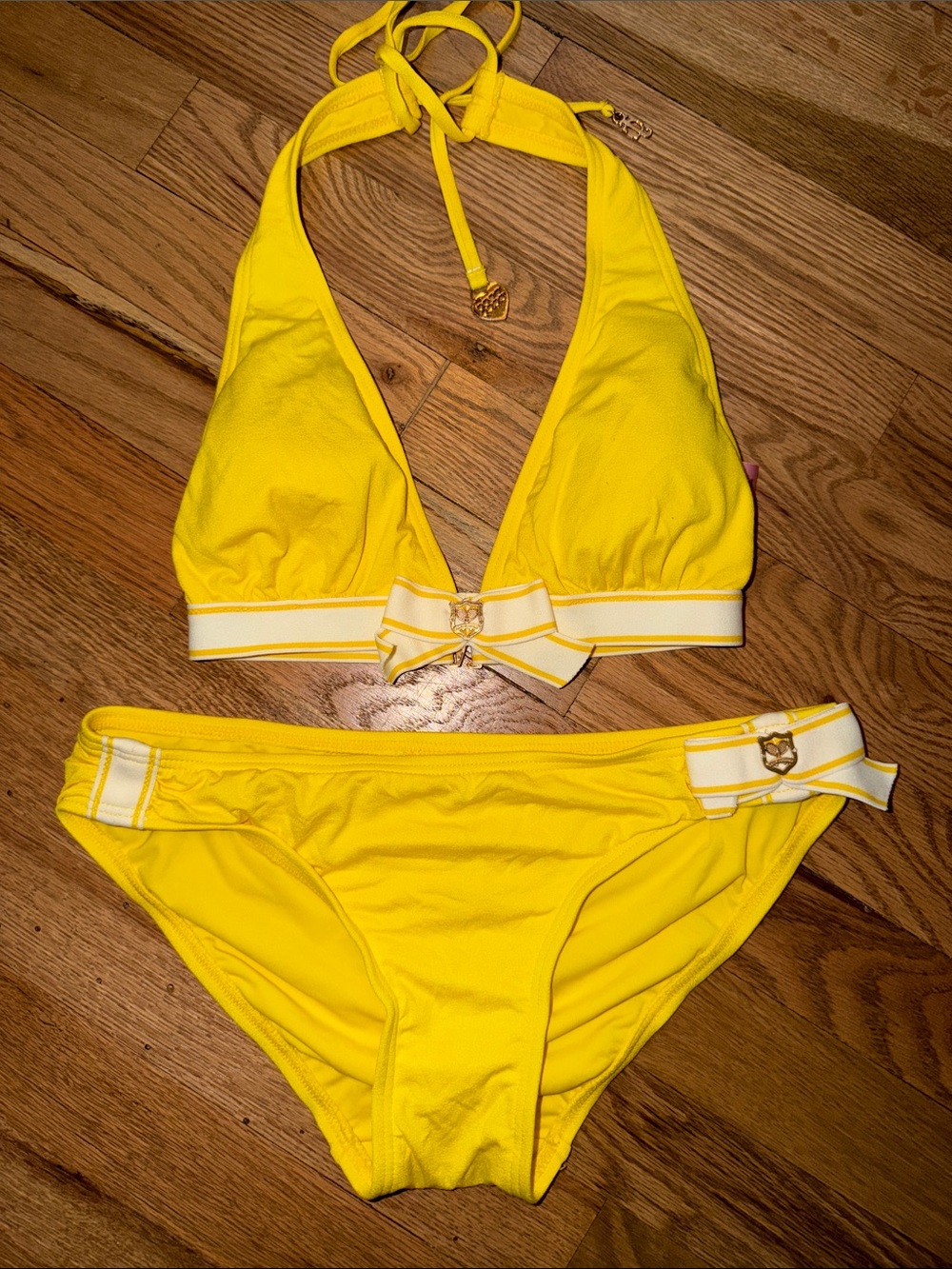 Juicy Couture Bright Yellow Halter Bikini with White Trim Size Small NWOT